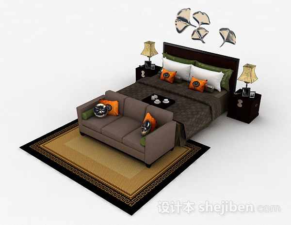 免费新中式家居双人床3d模型下载