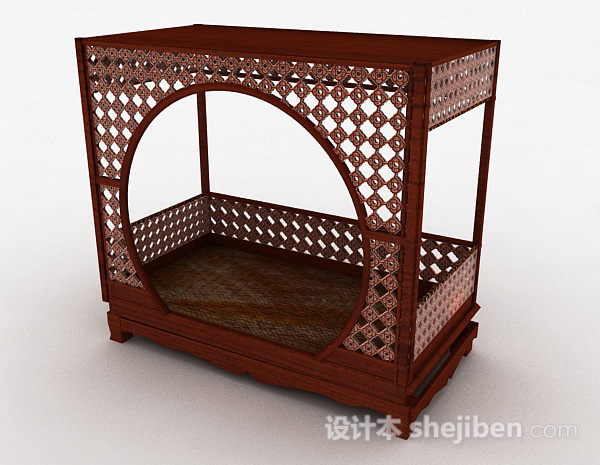 中式风格中式木质单人床3d模型下载