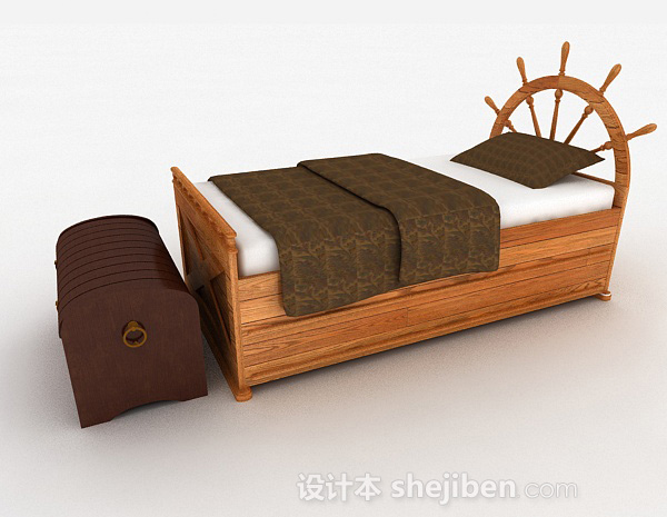 设计本航船主题木质单人床3d模型下载