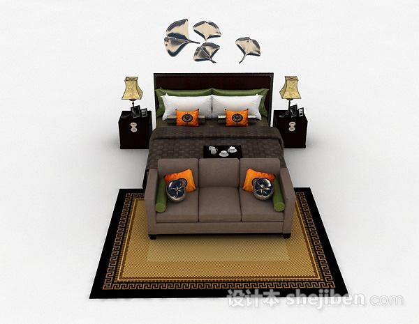 中式风格新中式家居双人床3d模型下载