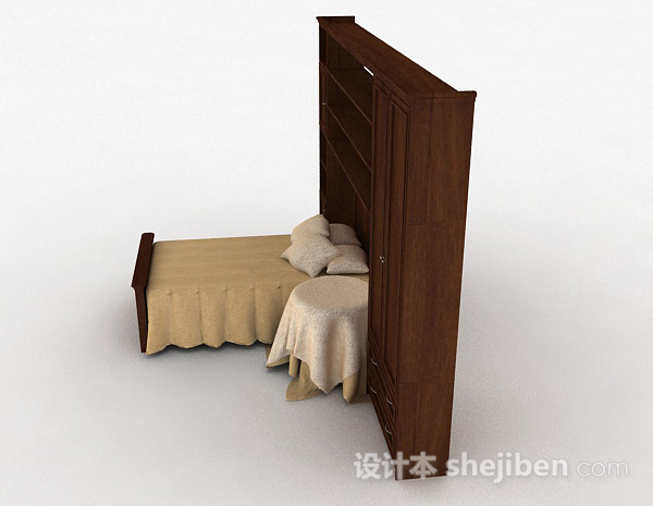 设计本棕色木质单人床3d模型下载