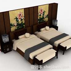 中式单人床组合3d模型下载