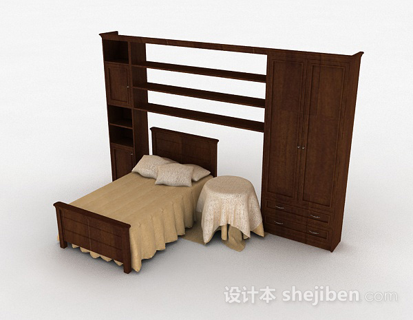 免费棕色木质单人床3d模型下载