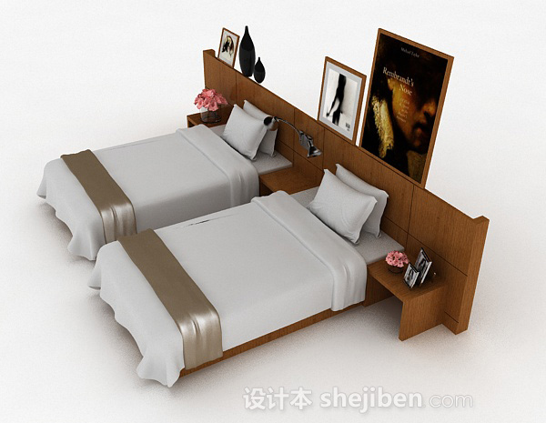 设计本木质简约单人床组合3d模型下载