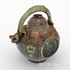 中式风格陶瓷雕刻大肚茶壶3d模型下载