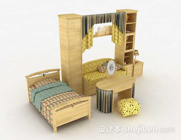 田园风格床柜组合3d模型下载