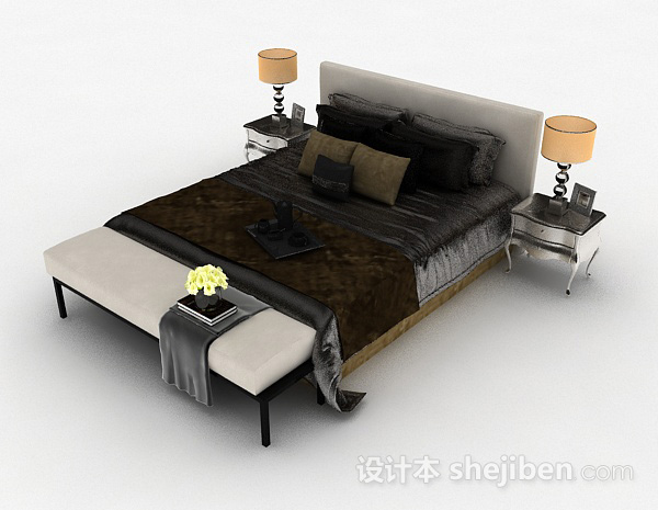 免费欧式灰色双人床3d模型下载