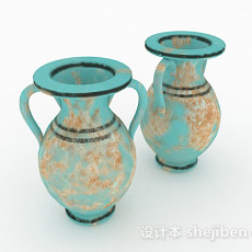 中式风格蓝色花纹喇叭花瓶3d模型下载