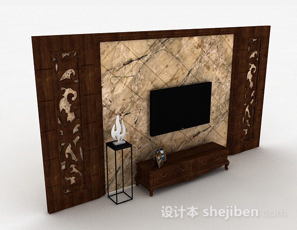 中式原木色木质雕花电视柜