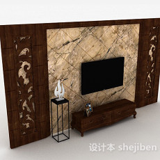中式原木色木质雕花电视柜3d模型下载