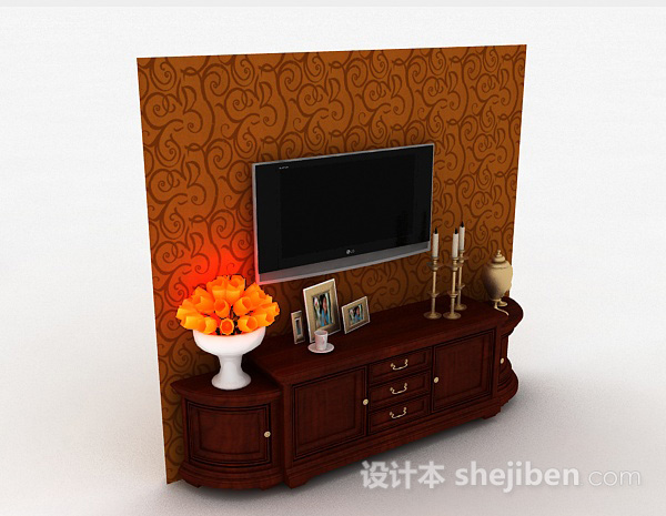 欧式奢华木质电视背景墙3d模型下载