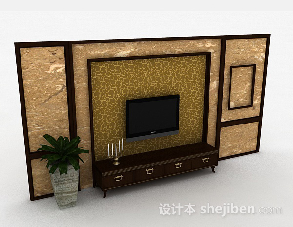 中式风格大理石花纹电视背景墙3d模型下载