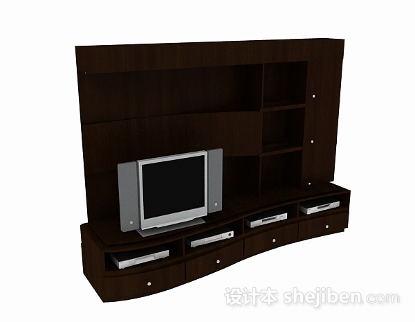 现代深棕色木质电视背景墙3d模型下载