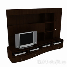 现代深棕色木质电视背景墙3d模型下载