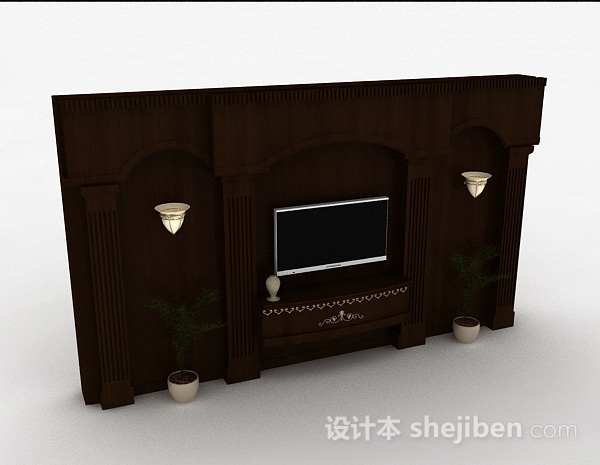 欧式风格木质浮雕电视背景墙3d模型下载