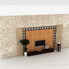 中式风格时尚造型电视背景墙3d模型下载