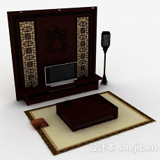 中式传统木质雕花电视背景墙3d模型下载