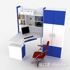 蓝白色学生书桌柜3d模型下载