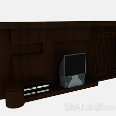 中式造型木质深棕色电视背景墙3d模型下载