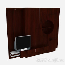 现代时尚枣红色木质电视背景墙3d模型下载