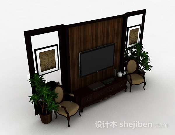 中式风格棕色木质电视柜
