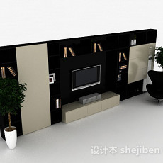 现代风格时尚黑色电视背景墙3d模型下载
