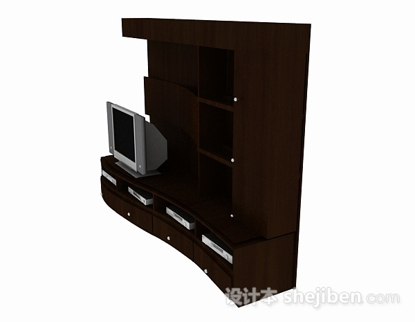 设计本现代深棕色木质电视背景墙3d模型下载