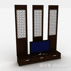 中式风格木质镂空电视背景墙3d模型下载