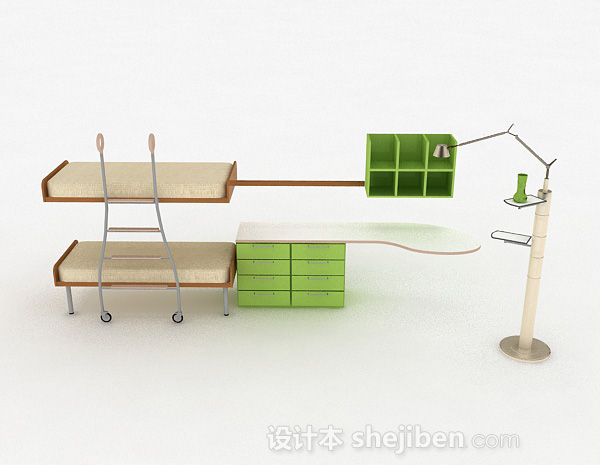 现代风格浅绿色上下层单人床3d模型下载