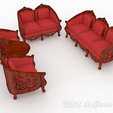 中式红色木质组合沙发3d模型下载