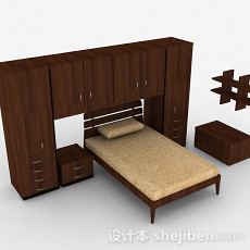 棕色木质衣柜床组合3d模型下载