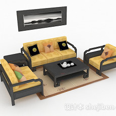新中式家居黄色组合沙发3d模型下载