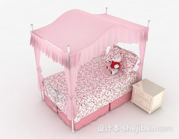 现代风格粉色公主风碎花单人床3d模型下载