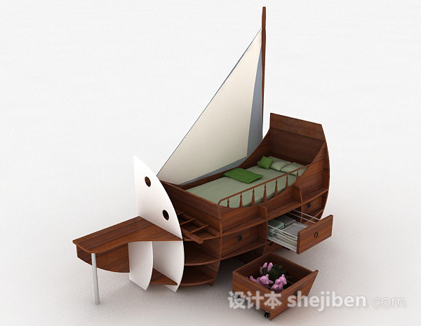 帆船儿童单人床3d模型下载