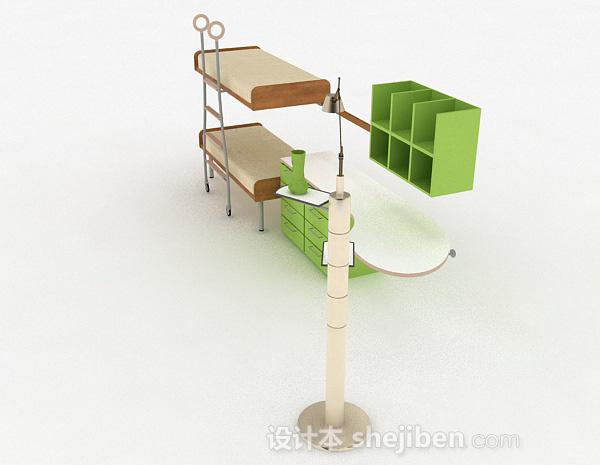 设计本浅绿色上下层单人床3d模型下载