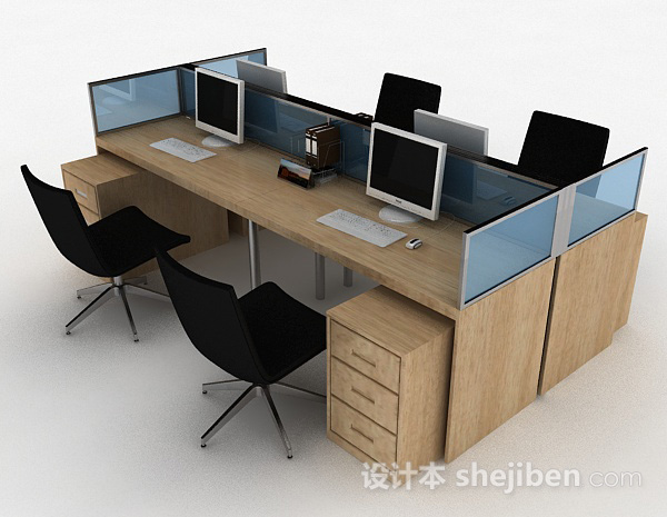 免费棕色木质办公桌椅组合3d模型下载