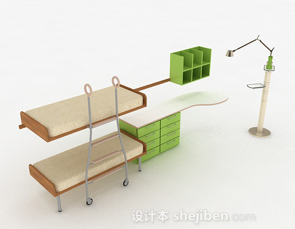 浅绿色上下层单人床3d模型下载