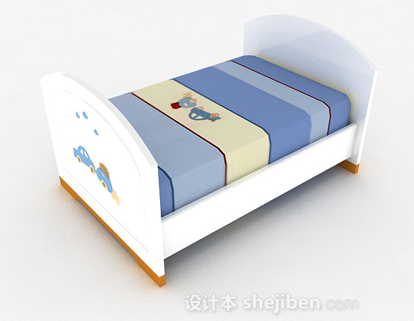 现代风格白色卡通图案单人儿童床3d模型下载