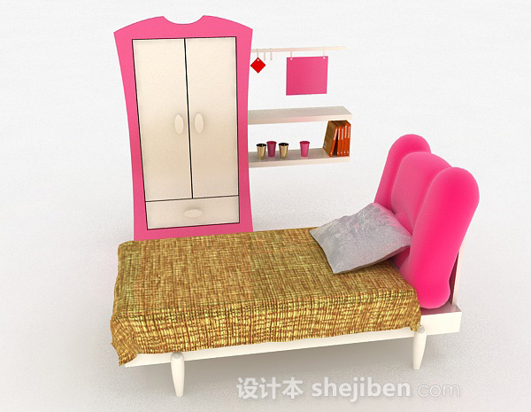 现代风格粉色组合单人床3d模型下载