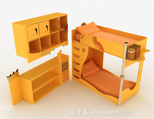 暖黄色组合上下层单人床3d模型下载