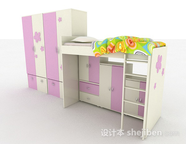 儿童紫色单人床3d模型下载