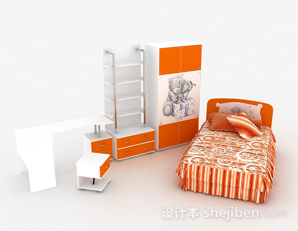 儿童橙色单人床3d模型下载