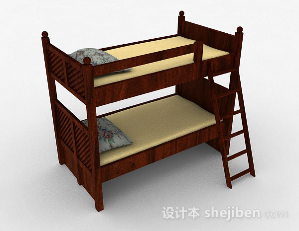 免费棕色木质双层单人床3d模型下载