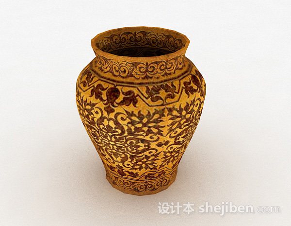 姜黄色花纹陶罐模型