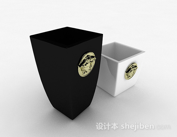 黑白色方形陶瓷花瓶3d模型下载