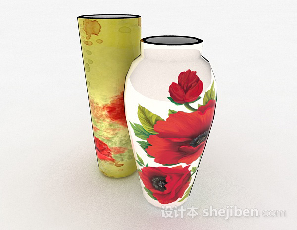 中式风格牡丹花卉图案瓷器瓶3d模型下载