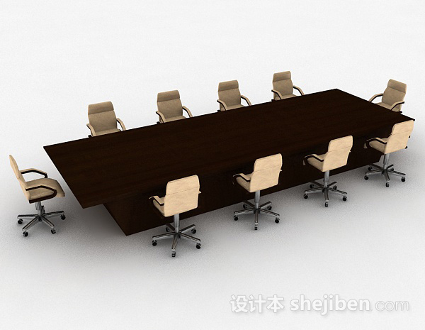 免费棕色木质会议桌椅组合3d模型下载