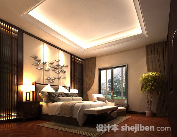 新中式卧室3d模型下载