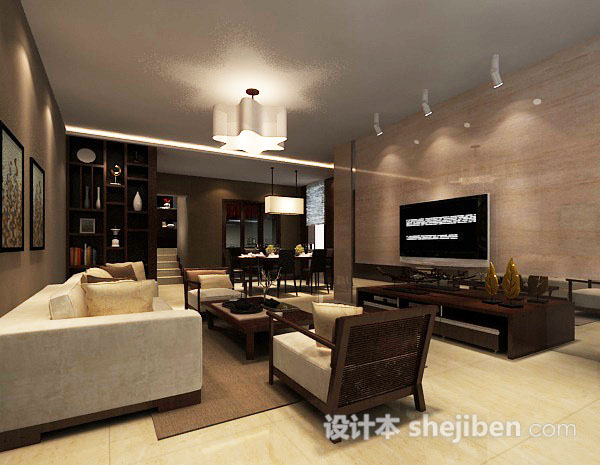 新中式客厅博古架模型