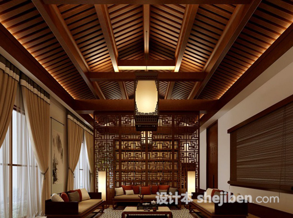 中式客厅木质吊顶模型